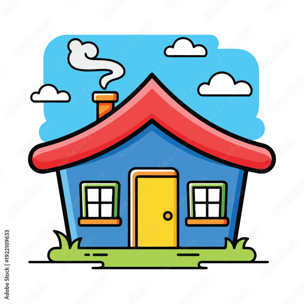 Fototapeta premium Colorful illustrated cartoon house with blue sky and clouds