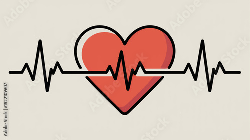 Heart with ecg pulse line red heartbeat symbol on beige background medical and health concept