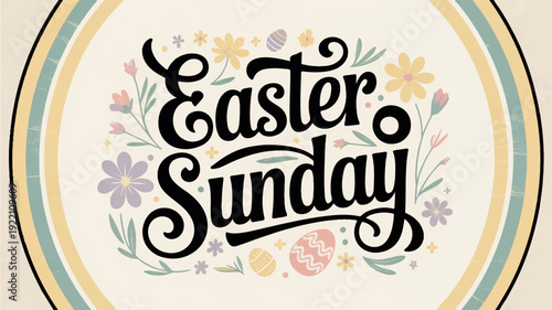 Easter sunday celebration badge with floral design and vintage typography on beige background