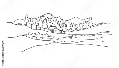 Rural landscape continuous one line vector drawing. Lake house in the woods hand drawn silhouette. Country nature panoramic sketch