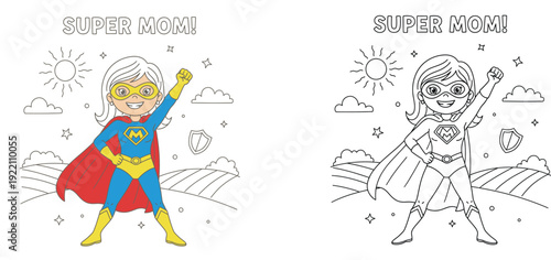 Super Mom coloring book page vector illustration. Cute superhero mother character in color and outline for kids activity. Happy Mothers Day concept cartoon.