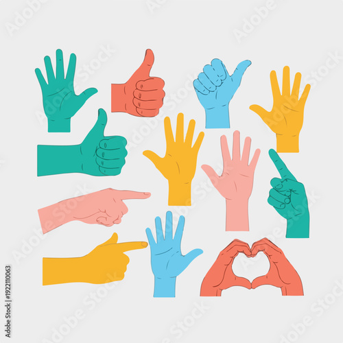 Colorful illustrated hands in different positions and gestures