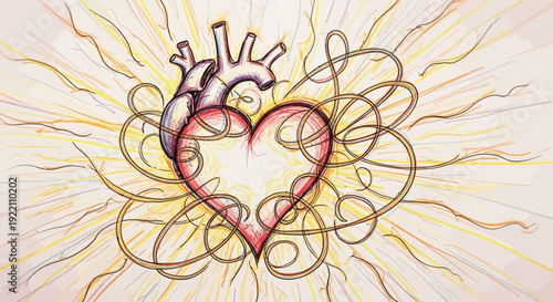 Artistic depiction of a human heart with colorful radiating lines