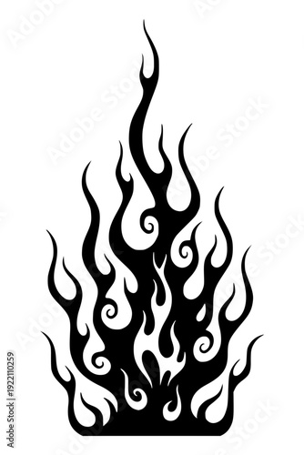 Black tribal flame vector silhouette with swirling fire tendrils. A sharp, stylized graphic design ideal for automotive decals, tattoos, hot rod art, sports branding