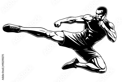 black and monochrome vector illustration of a martial artist performing a mid-air flying kick. Powerful, high-contrast silhouette design ideal for MMA, karate, and fitness branding.