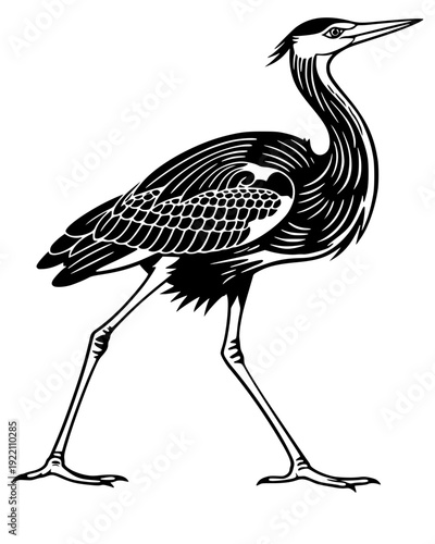 Elegant black and monochrome heron bird vector illustration. Detailed linework and patterns capture a graceful wading bird, perfect for nature branding, wildlife logos, and artistic wall decor.