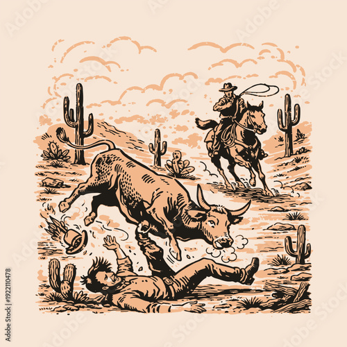 Hand-Drawn Cowboy on Horseback Roping a Bull in Desert Landscape