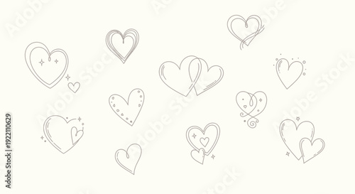 Collection of hand drawn heart illustrations on cream background for design