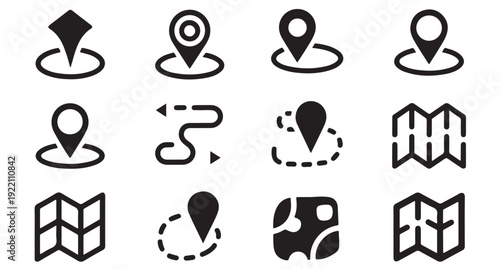 Collection of map pin and navigation icons on white background illustration