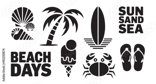 Collection of beach and summer holiday related icons and typography elements