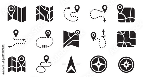 Map and navigation icons including route paths folded maps and compass elements