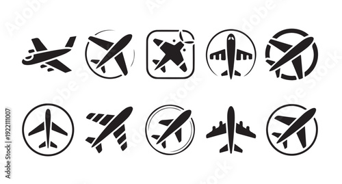 Collection of ten airplane icons with circles and square frames, vector graphics