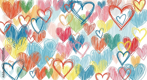 Colorful hand drawn hearts background for romance love and affection themes