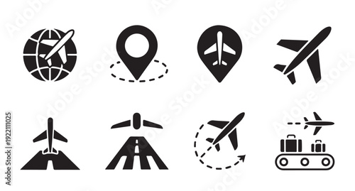 Airplane icons featuring globe, map pin, runway, and luggage, vector set