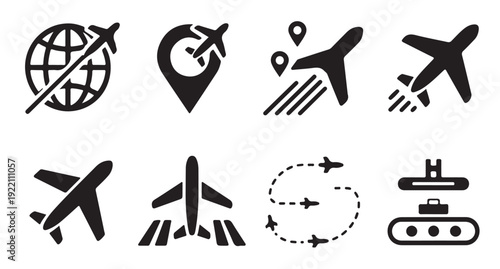 Aviation and travel icons set featuring airplane silhouettes globe and location pin symbols