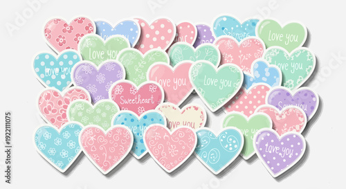 Colorful heart shaped illustrations with various patterns and romantic messages