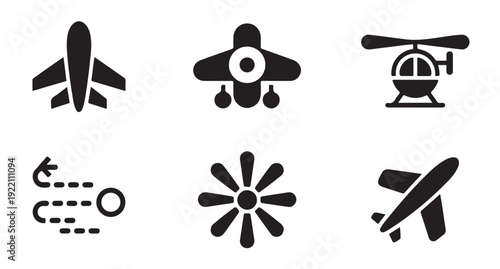 Minimalist aviation symbols including aircraft front views helicopter and flight path icons