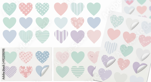 Colorful heart shaped stickers in various patterns and pastel colors