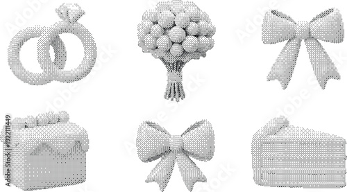 Wedding and celebration 3D icon collection. Includes wedding rings, flower bouquet, gift bows, cake, and cake slice symbols. Created in white monochrome style with a textured finish.
