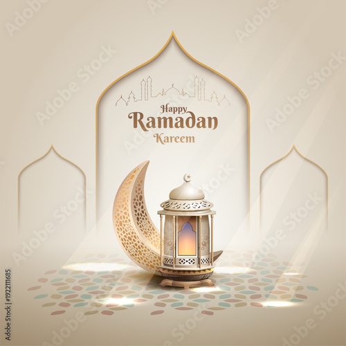 islamic greetings ramadan kareem card design with islamic decoration, lantern, and crescent moon
