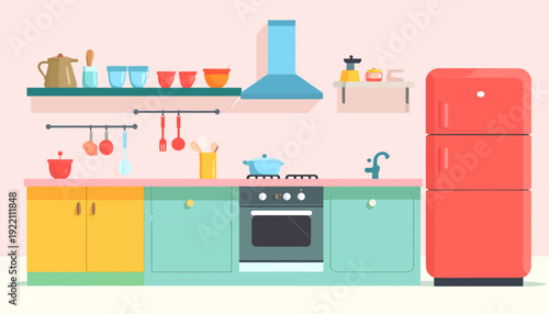 Kitchen interior illustration with cooking utensils
