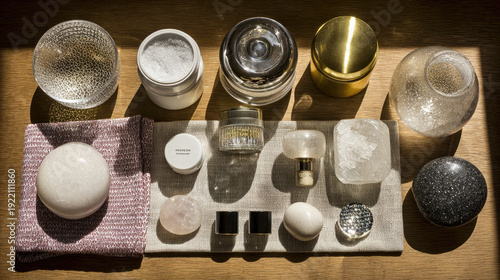 Assortment of Skincare Products on Wooden Surface with Towel.