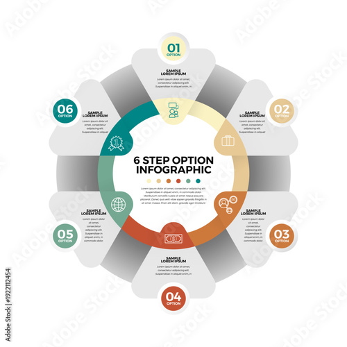Circle shape infographic chart template with 6 options for presentation business, banner, poster, web, process. vector editable 