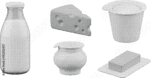 Dairy products vector icon collection. Includes milk bottle, cheese wedge, yogurt cup, cream pitcher, and butter stick. Created in grayscale flat style with white and gray palette.