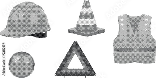 Road safety and construction equipment vector icon collection. Includes hard hat, traffic cone, reflective vest, warning triangle, and fire extinguisher. Created in realistic grayscale style