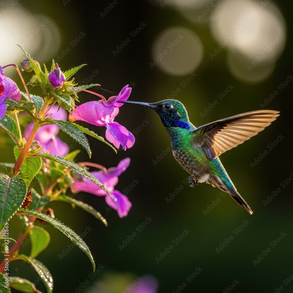Fototapeta premium Hummingbird Feeding on Nectar from Purple Flowers in Lush Garden.