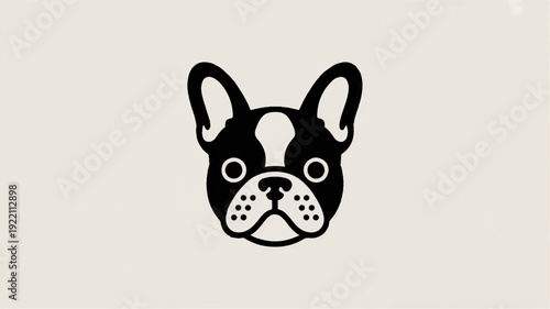 Stylized flat vector icon of a french bulldog's face in black and white on beige background