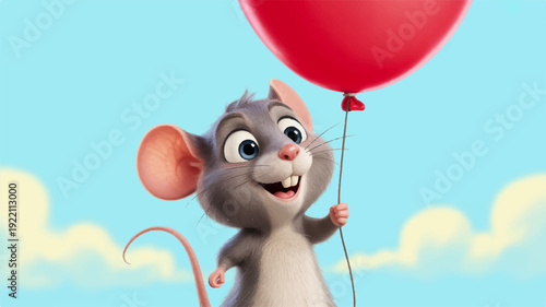 A cheerful cartoon mouse holds a vibrant red balloon against a bright blue sky with fluffy white clouds exuding joy and freedom