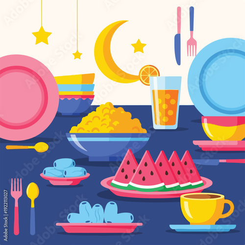 Colorful illustrated table setting featuring a crescent moon and stars