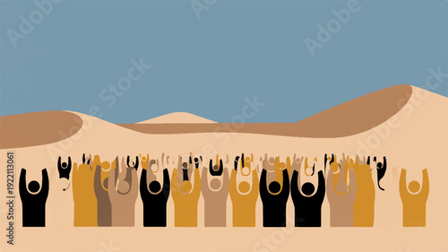 A modern minimalist illustration of diverse people standing united in a desert landscape with sand dunes and blue sky conveying unity and solidarity