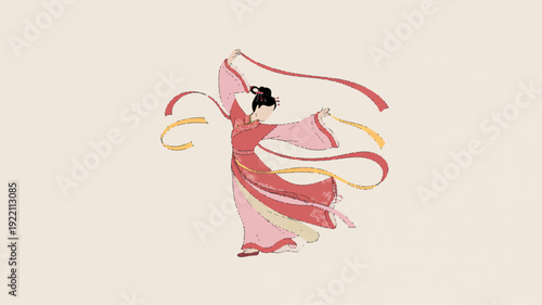 Minimalist illustration of a woman dancing with flowing pink ribbons on a beige background conveying freedom and joy