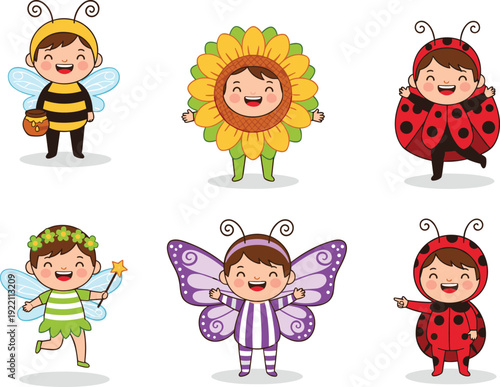 Cute kids in insect and flower costumes, colorful cartoon characters isolated on white background for children illustration design