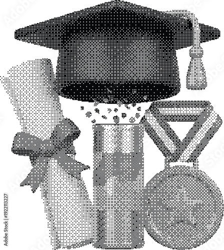 Graduation ceremony vector illustration with mortarboard, diploma scroll, confetti, and medal. Black and white academic achievement graphic.