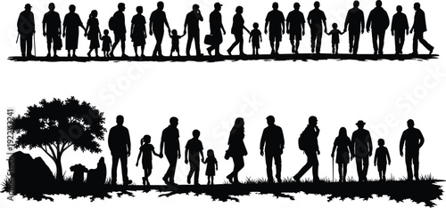 Family and community silhouettes walking together outdoors, diverse people group isolated on white background illustration set