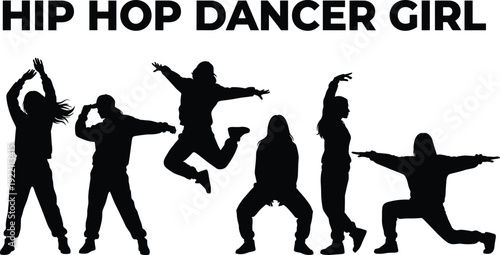 Hip hop dancer girl silhouettes, urban street dance poses collection with dynamic female performers isolated on white background
