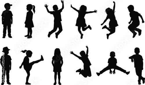 Happy children silhouettes jumping and playing, active kids poses isolated on white background illustration collection set
