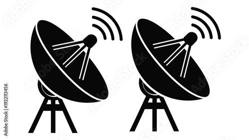 Two satellite dishes on stands with signal waves isolated on white background, Vector