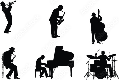 Jazz band musician silhouettes playing trumpet saxophone piano drums and double bass, live music performance isolated on white
