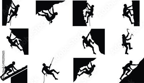 Rock climber silhouette collection ascending cliff with rope and gear, extreme mountain climbing action isolated on white
