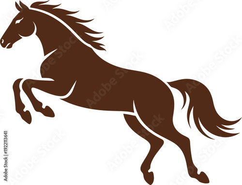 Powerful rearing horse vector silhouette, minimalist brown stallion icon for equestrian sports, horse racing branding, and farm mascot design.