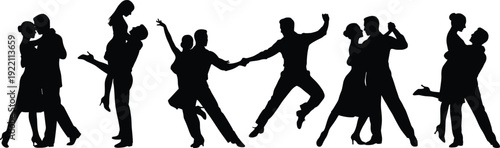 Romantic dancing couple silhouettes in elegant poses, passionate ballroom partners isolated on white background illustration set