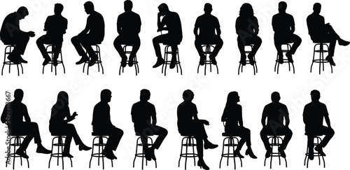 People sitting on stools silhouettes collection, different male and female seated poses isolated on white background set