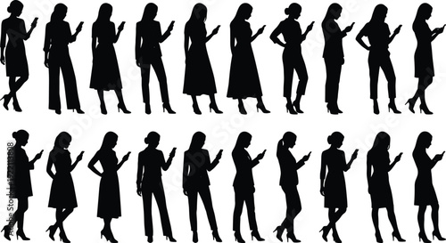 Silhouettes of stylish women using smartphones in various poses, modern female figures isolated on white background collection social media concept