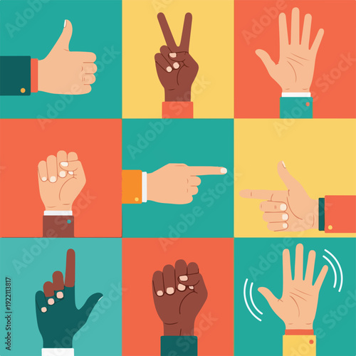 Colorful illustration of various hands gesturing different actions