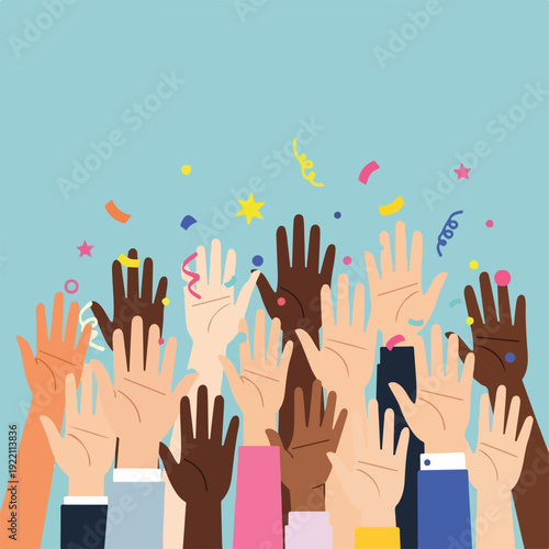 Colorful illustration with diverse hands raised towards the sky with confetti
