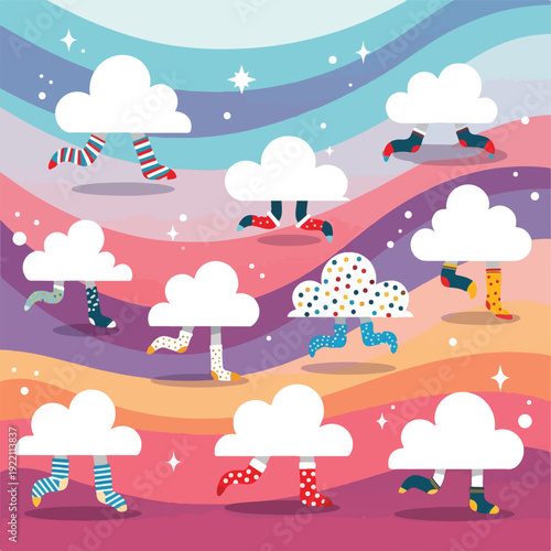 Colorful illustration with clouds, legs in patterned socks, and stars